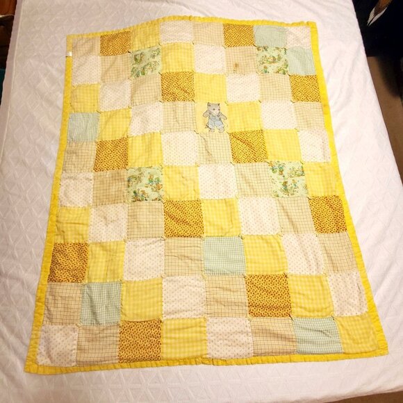 VTG Quilted Patchwork Baby Crib Blanket Yellow & Cute Cat Design 51" x 45" - Picture 1 of 10